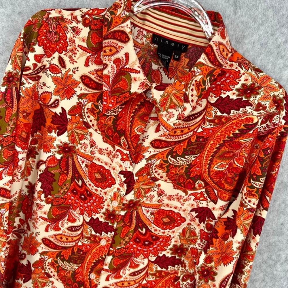 NINETY Women's Button Up Blouse Orange Floral Paisley 2X Contrast Cuff